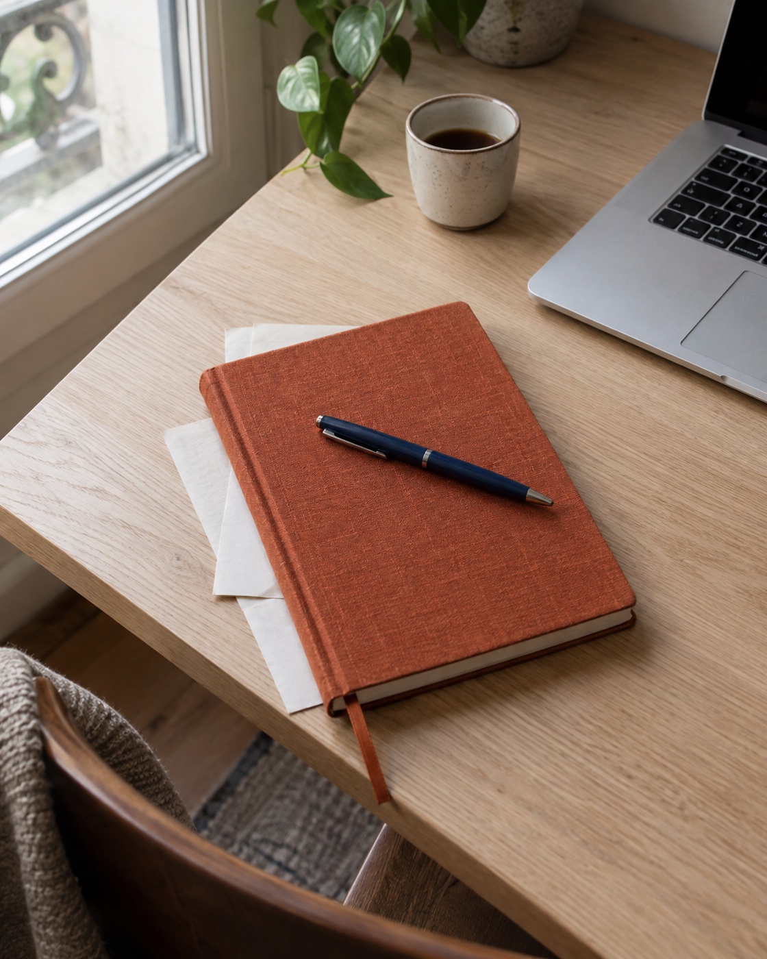 Un carnet orange et un stylo sur un bureau en bois près d'une fenêtre, à côté d'un ordinateur et d'un café