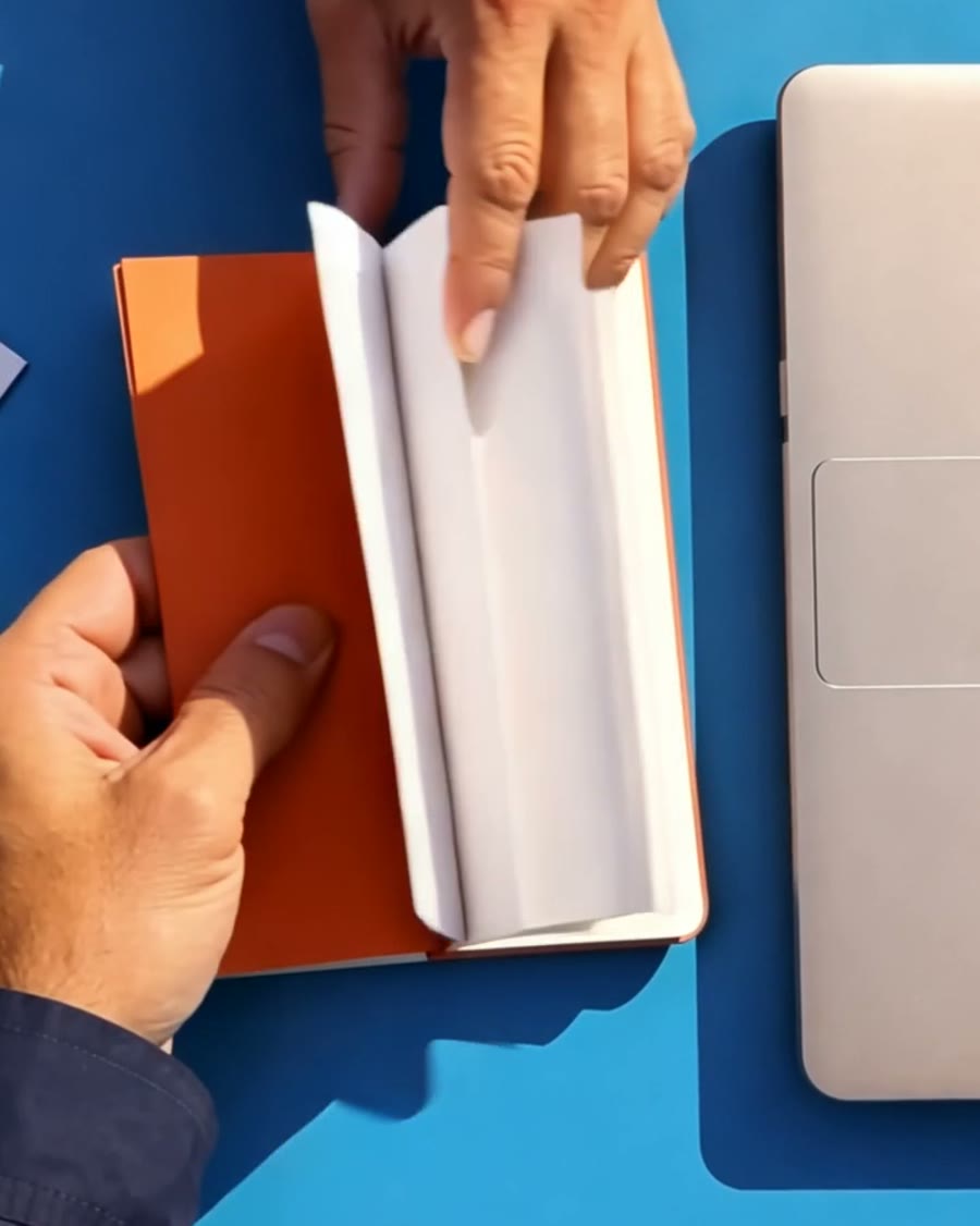 Des mains ouvrent un carnet orange sur une table bleue, à côté d'un ordinateur portable